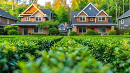 A row of townhomes with green hedges in front of them