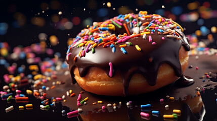 A chocolate donut with rainbow sprinkles on top - obrazy, fototapety, plakaty