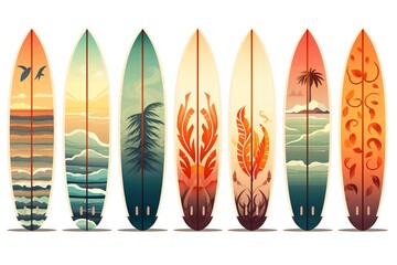 six colorful surfing boards on white illustration