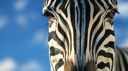 Naklejka premium A close up of a zebra's face with the sky in background, AI