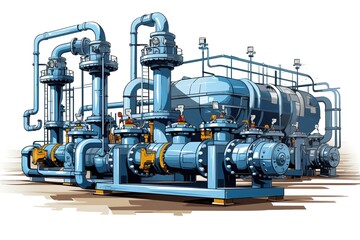 Pipelines and pumps in oil refinery illustration