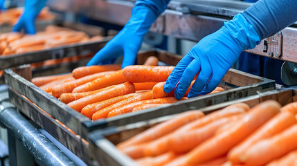 Staff packing fresh carrot in line production conveyor belt.