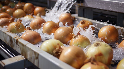 Organic onion in cleaning belt line production manufacturing.