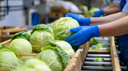 Staff check cabbage on conveyor in industry plant before pack. - obrazy, fototapety, plakaty