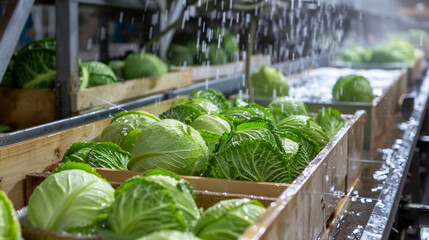 Cabbage vegetable in washing line production industry factory.