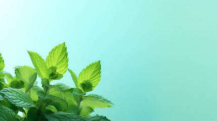 Mint leaves on light green background with copy space - obrazy, fototapety, plakaty