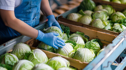 Staff pack hydroponic cabbage in conveyor line factory plant. - obrazy, fototapety, plakaty