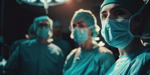 Fototapeta na wymiar Medical professionals in surgical scrubs standing under operating room lights, ready to perform a procedure