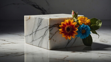 A marble block with colorful flowers around