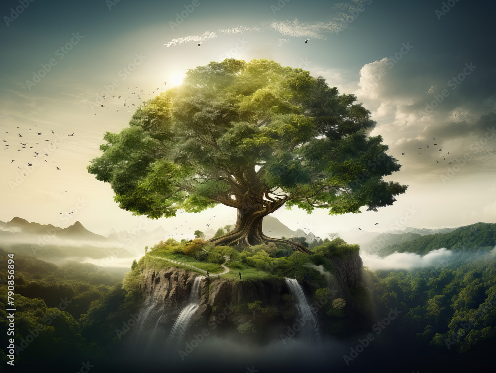 Poster a large tree is growing on a mountain top with a waterfall in the background