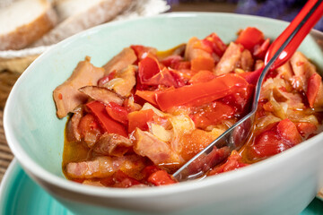 Lecho - stew with peppers, onions and sausages.