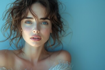 Caucasian beauty adorned with freckles and mesmerizing blue-green eyes, set against a backdrop of serene blue turquoise Background.