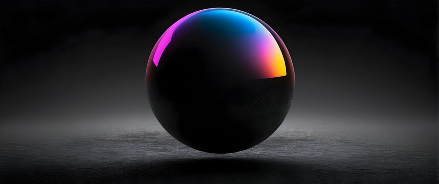An intriguing image depicting a glowing sphere with multicolored lights, casting reflections on the dark surface