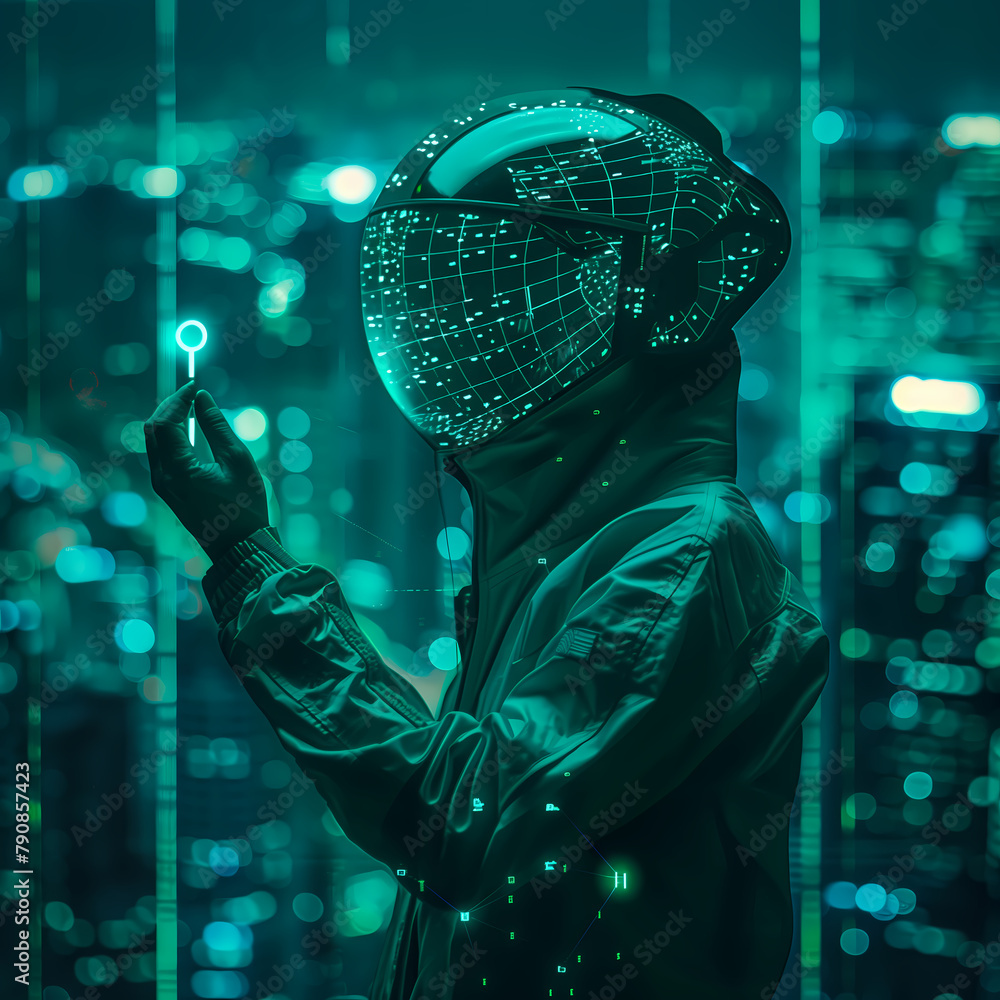 Poster futuristic researcher with hi-tech cyber navigation, artificial intelligence navigator, and ai human
