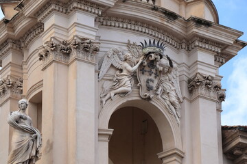 Sant'Agnese in Agone Church Tower Close Up with Sculpted Details in Rome, Italy