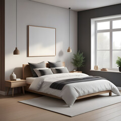 Interior mock-up, cozy contemporary bedroom, Scandinavian style, 3d render