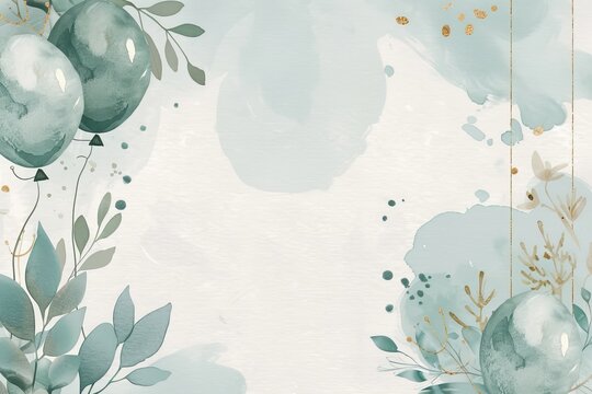 A soft green watercolor background with  gold accents and balloons.