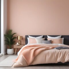 Interior mock-up, cozy girl's peachy fizz bedroom, Scandinavian minimal style, 3d render