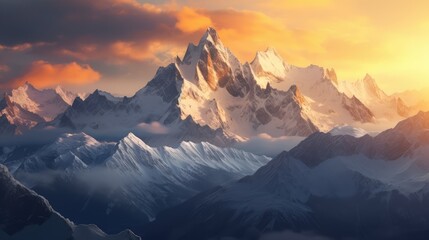 Sunrise in the snowy mountains. Snowy mountains. AI generated. - obrazy, fototapety, plakaty