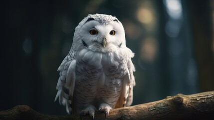 Portrait of a white owl sitting on a branch. AI generated.