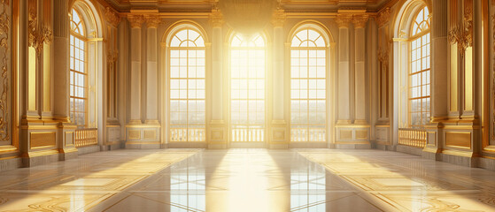 Sunlit Baroque Hall with Gilded Decor and Marble Floors. Copy space. Generative AI	