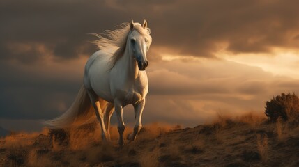 Obraz na płótnie Canvas White horse gallops in nature. AI generated.