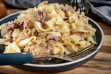 Pasta with sauerkraut and meat.