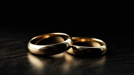Gold wedding rings on dark background. AI generated.