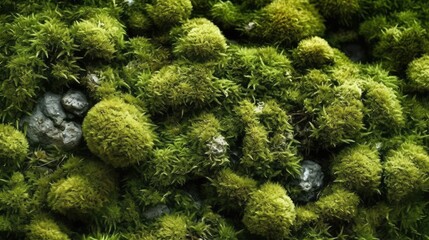Green moss on the rocks. AI generated.