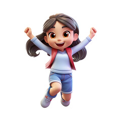 3D happy cartoon girl on transparent background.