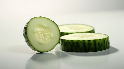 Cucumber slices on a white background. AI generated.