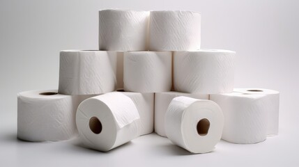 White toilet paper rolls on a white background. AI generated.