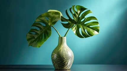 Monstera leaves in a vase on a blue background. AI generated.