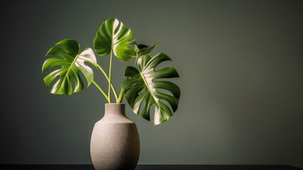 Monstera leaves in a vase on a gray background. AI generated.