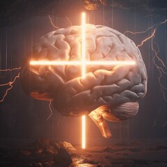 Brain with Glowing Religious Cross and Electric Lightning