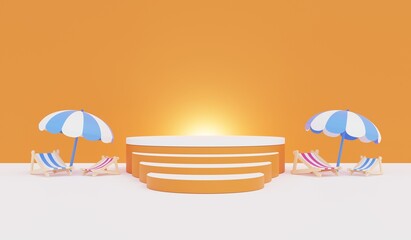 Orange and white podium with summer concept for product display. 3D illustration