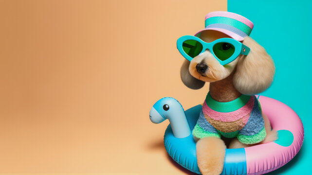 Funny dog wearing summer fashion on pastel background with copy space. Summer Vacation Concept.