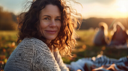 Smiling middle-aged woman with curly hair enjoying sunset in nature. - Powered by Adobe