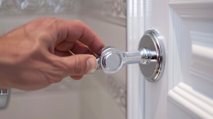 A man opening a door with his hand on the handle, AI