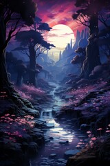 Fototapeta na wymiar A beautiful, serene forest with a river running through it. The sky is filled with a pink and purple sunset, creating a peaceful and calming atmosphere