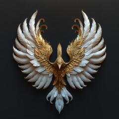 A gold and white bird with its wings spread out. The bird is surrounded by gold and white feathers, and it is a symbol of freedom and power