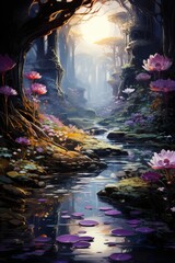 A painting of a forest with a river and pink flowers. The mood of the painting is peaceful and serene