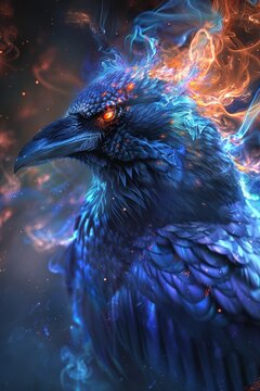 A blue bird with orange flames on its head. The bird is surrounded by smoke and fire. The image has a dark and mysterious mood