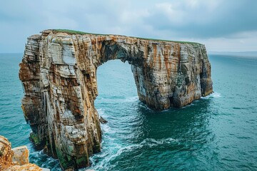 A large rock formation with a large archway in the middle of the ocean. The archway is surrounded by water and rocks. The scene is calm and peaceful, with the water