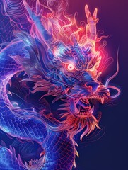 A dragon with red and blue colors and glowing eyes. The dragon is surrounded by a purple background