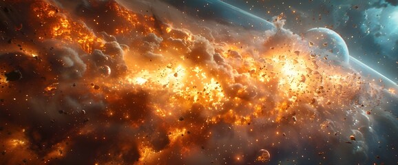Vast space, meteors, explosions, tiny sparks. scattered in space,gennerate with AI