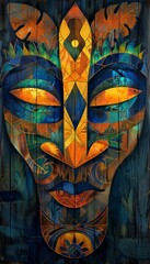 A colorful mask with a blue face and orange eyes. The mask is made of wood and has a tribal design