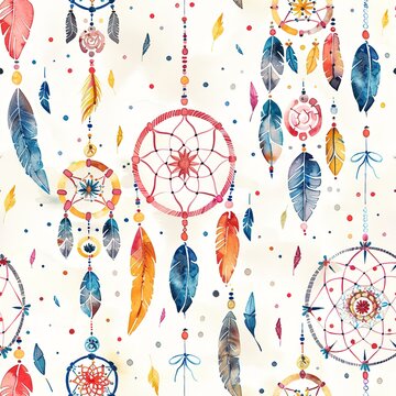 Whimsical seamless pattern of watercolor boho dreamcatchers, playful and colorful, ideal for kids' room curtains. Seamless Pattern, Fabric Pattern, Tumbler Wrap, Mug Wrap.