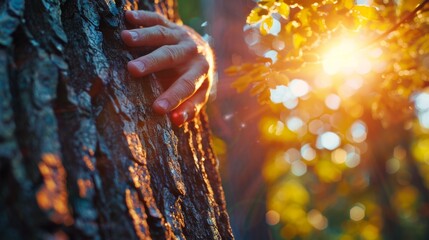 A person's hand on a tree trunk with sun shining through, AI - obrazy, fototapety, plakaty