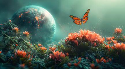 Botanical Ballet: Slow-Motion Butterflies and Floating Flora in Orbital Symphony